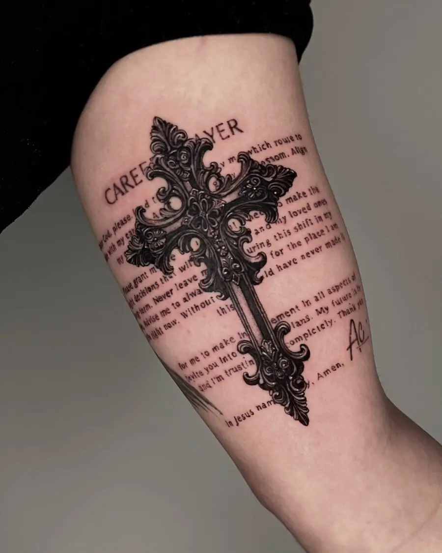 Stunning Cross Tattoo with Prayer Script