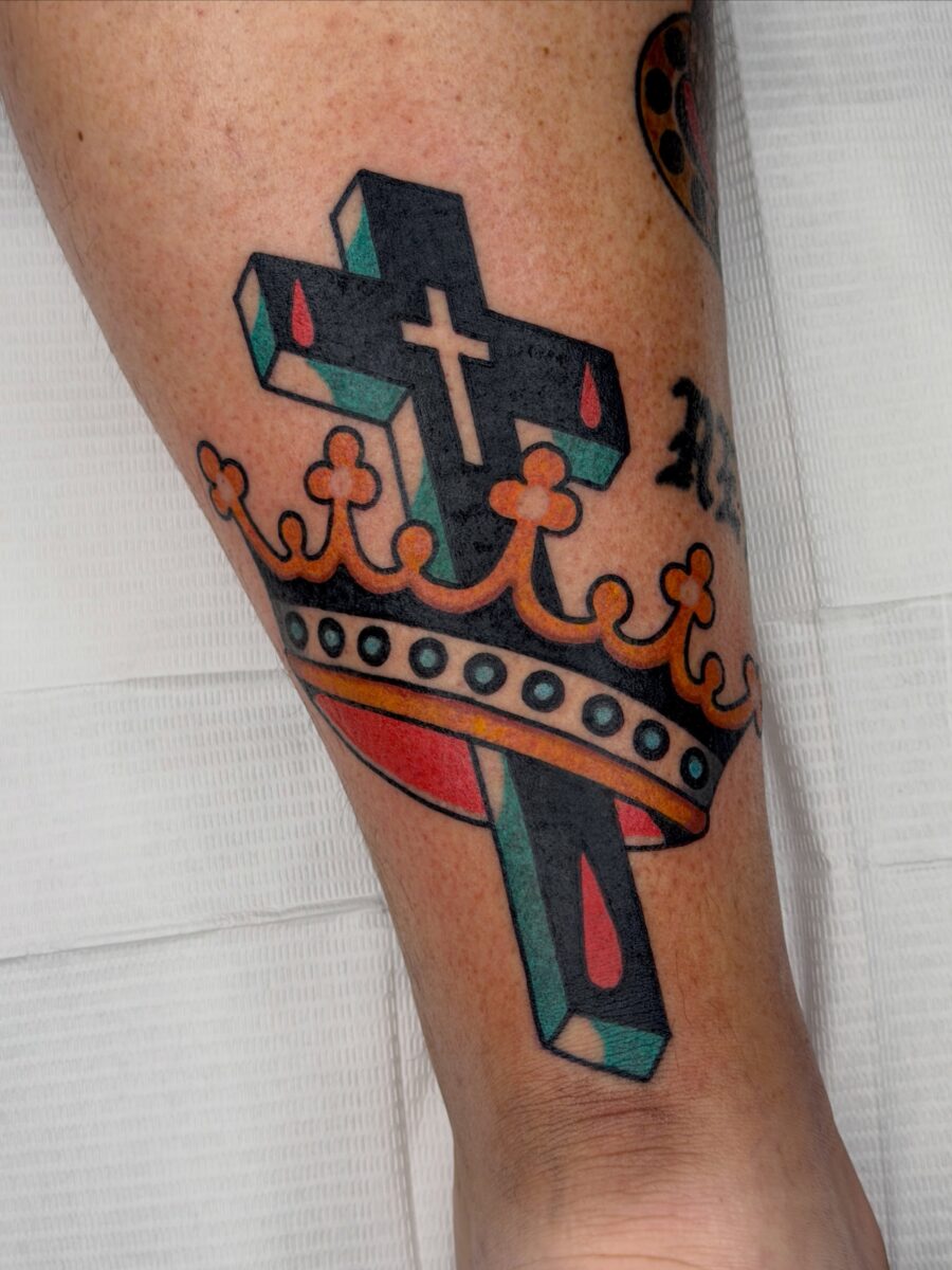 Colorful Cross with Crown Tattoo Design