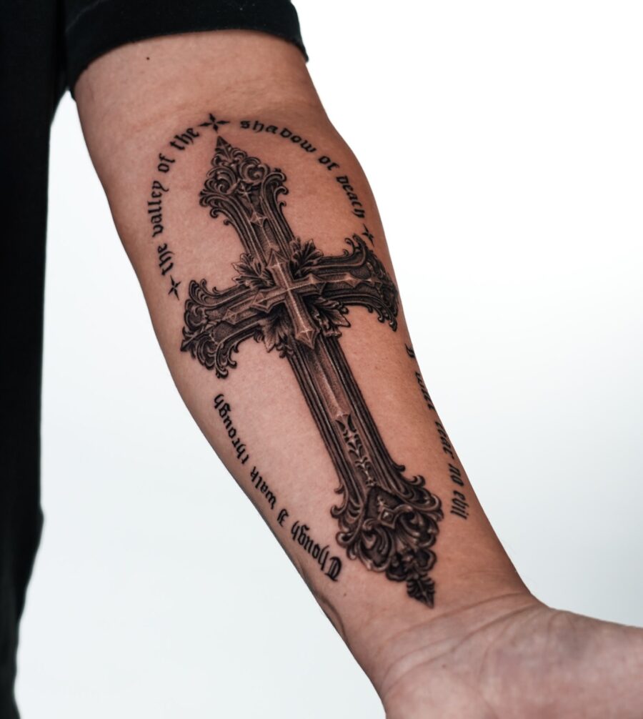 Intricate Cross Design with Biblical Inscription
