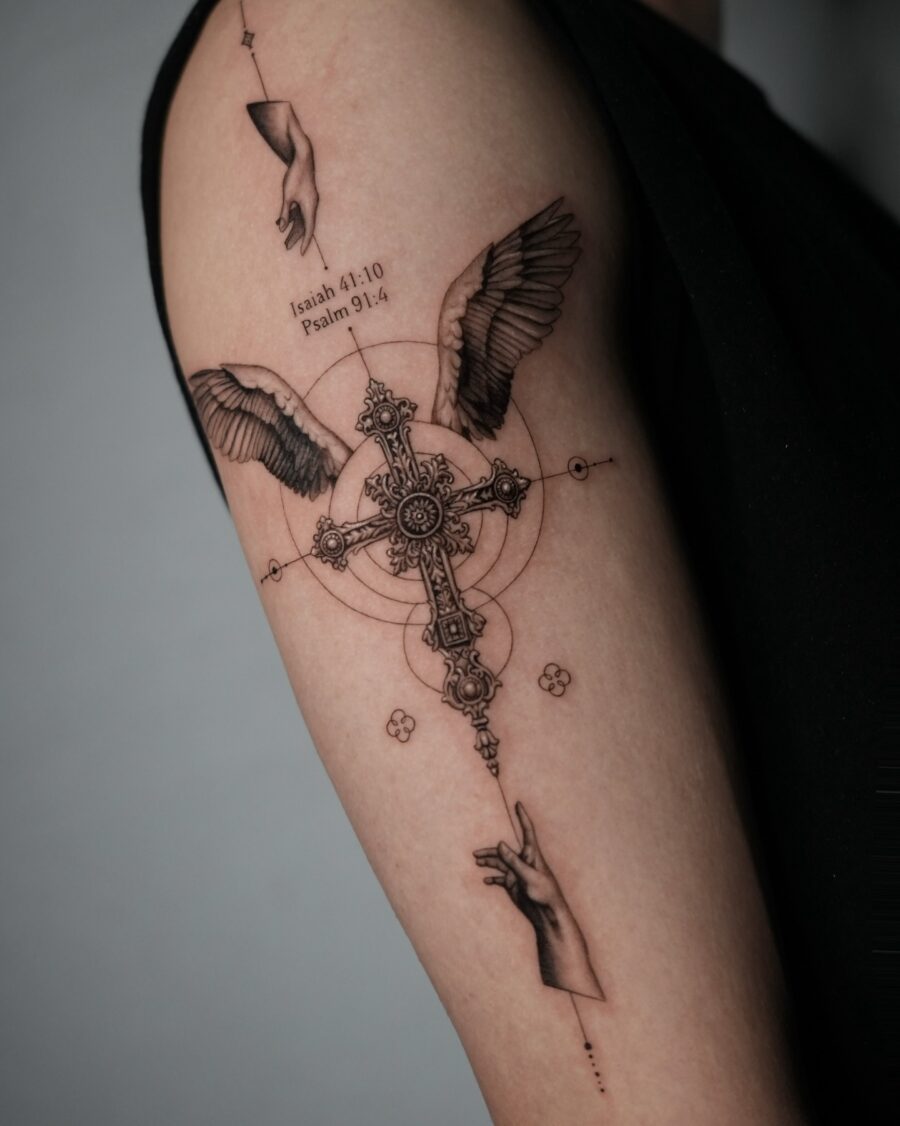 Divine Cross with Angelic Wings Tattoo