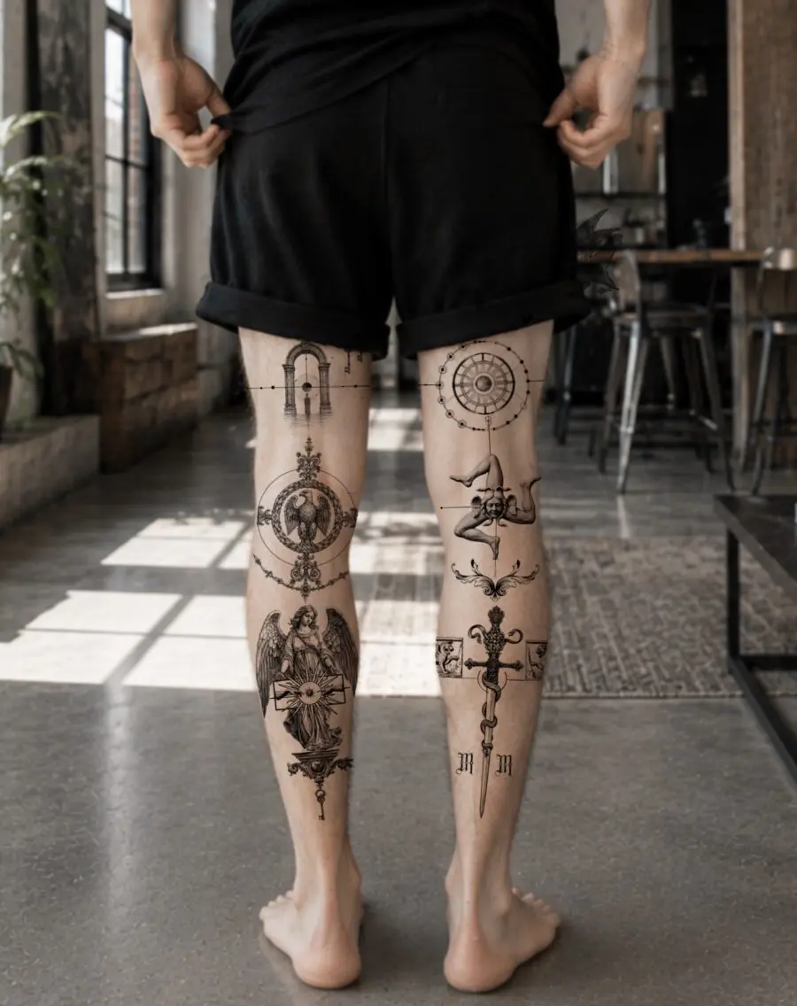 Intricate biblical designs adorn both legs