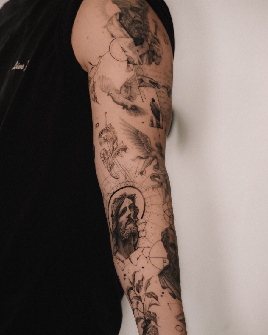 Intricate Biblical Tattoo Sleeve Full of Meaning