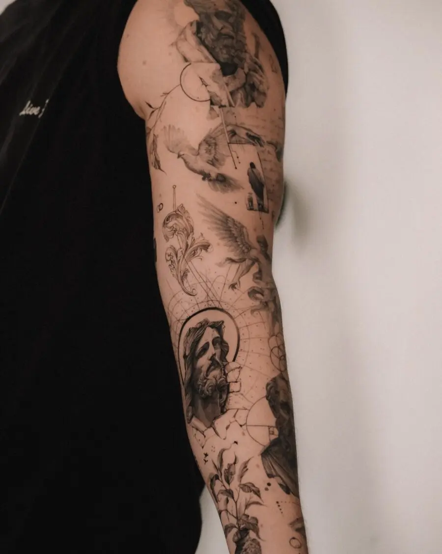 Intricate Biblical Tattoo Sleeve Full of Meaning