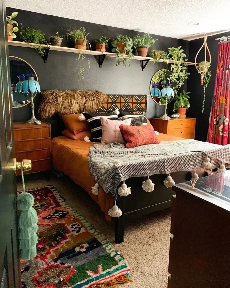 Eclectic bohemian bedroom with lush greenery