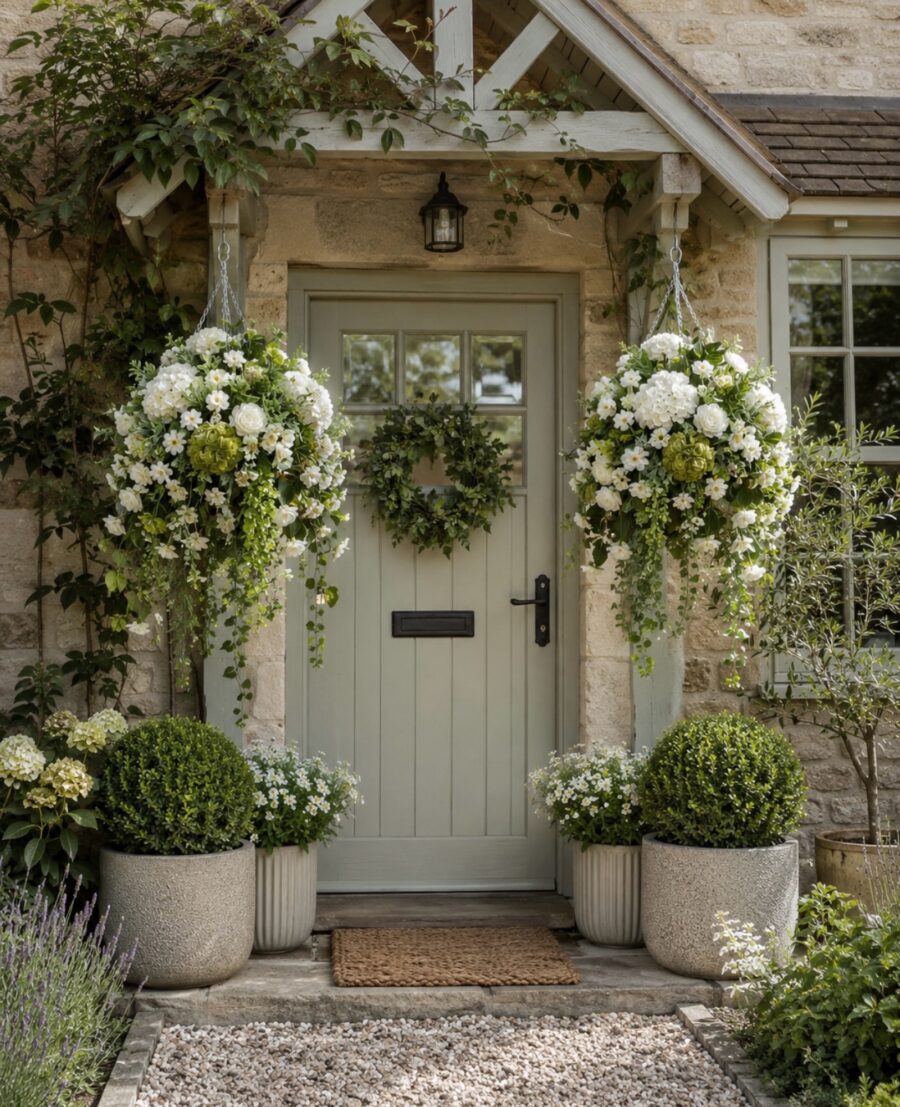 Charming front door with floral decor accents