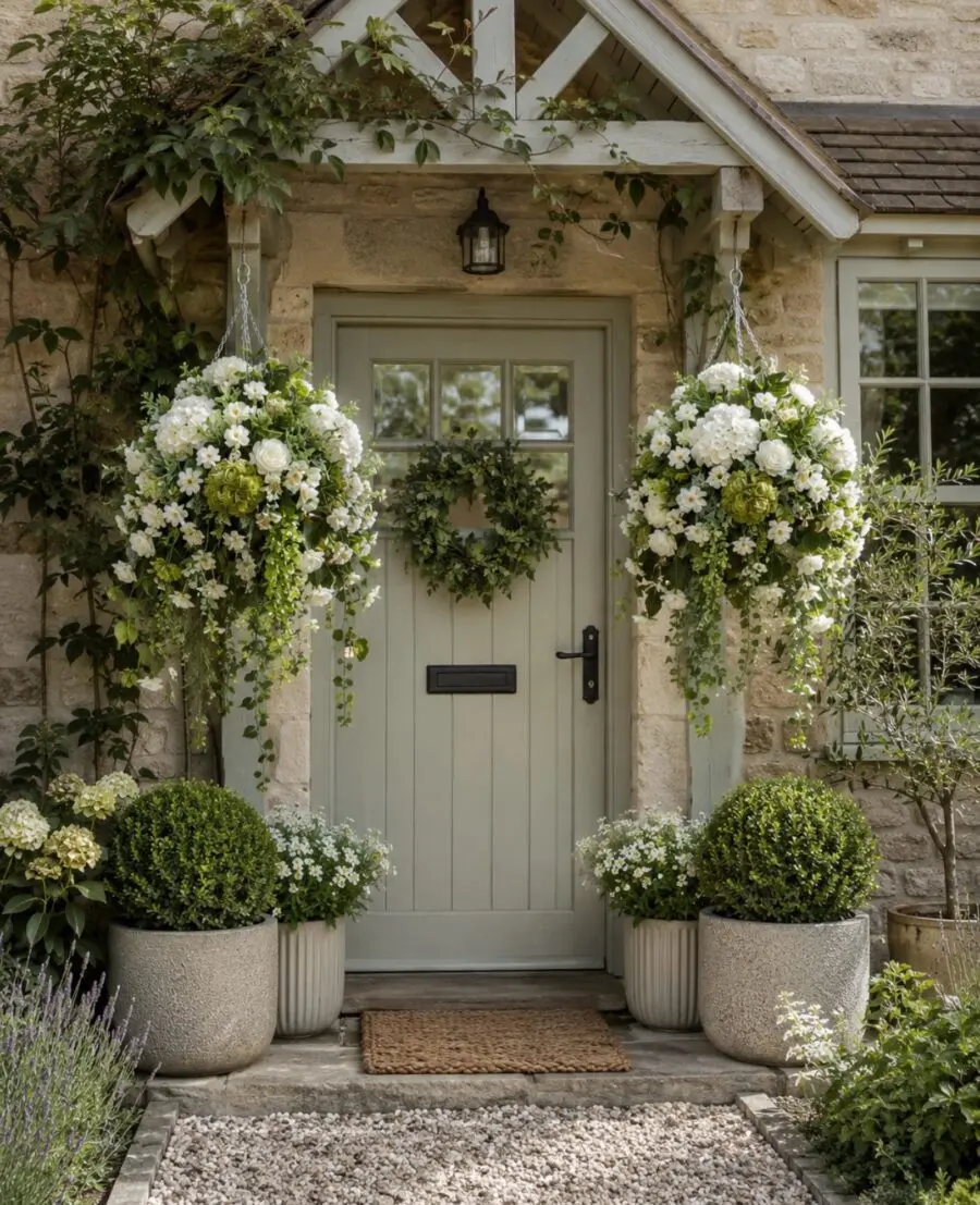 Charming front door with floral decor accents