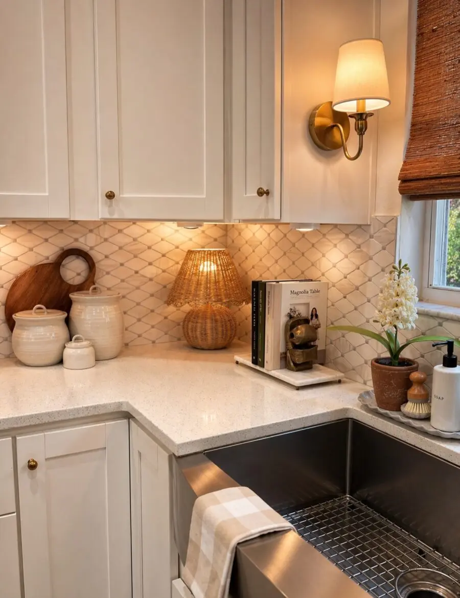 Elegant kitchen counter with warm lighting accents