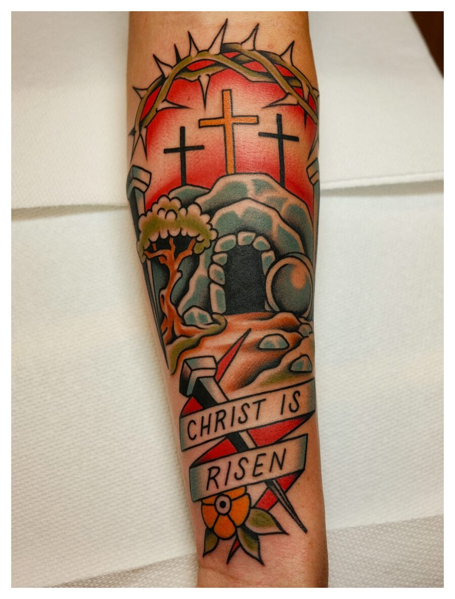 Vibrant design of Christ's resurrection tattoo
