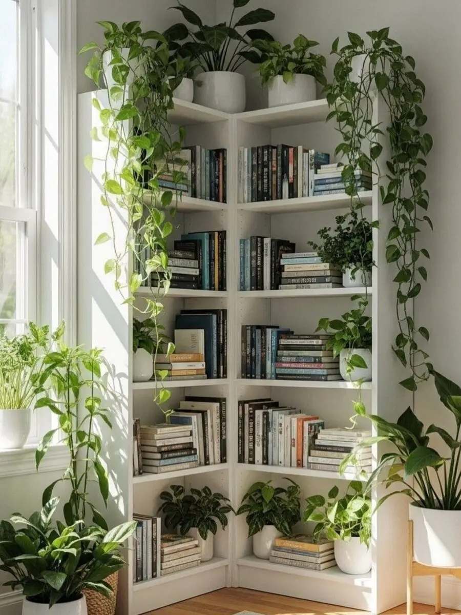 Inviting corner bookshelf with lush greenery