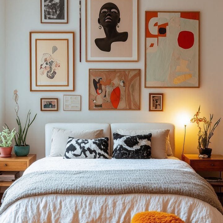 Artful arrangement of wall decor above the bed