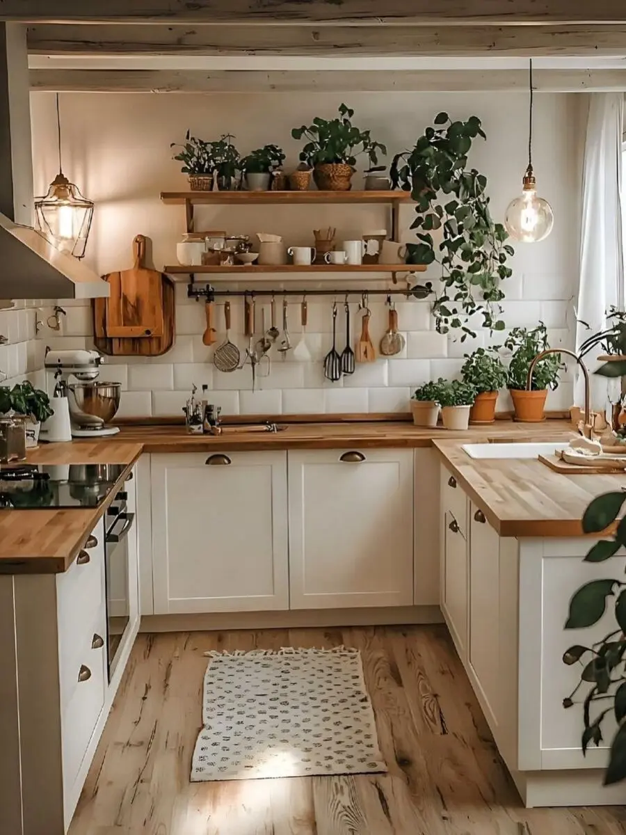 Charming kitchen with greenery and wooden accents