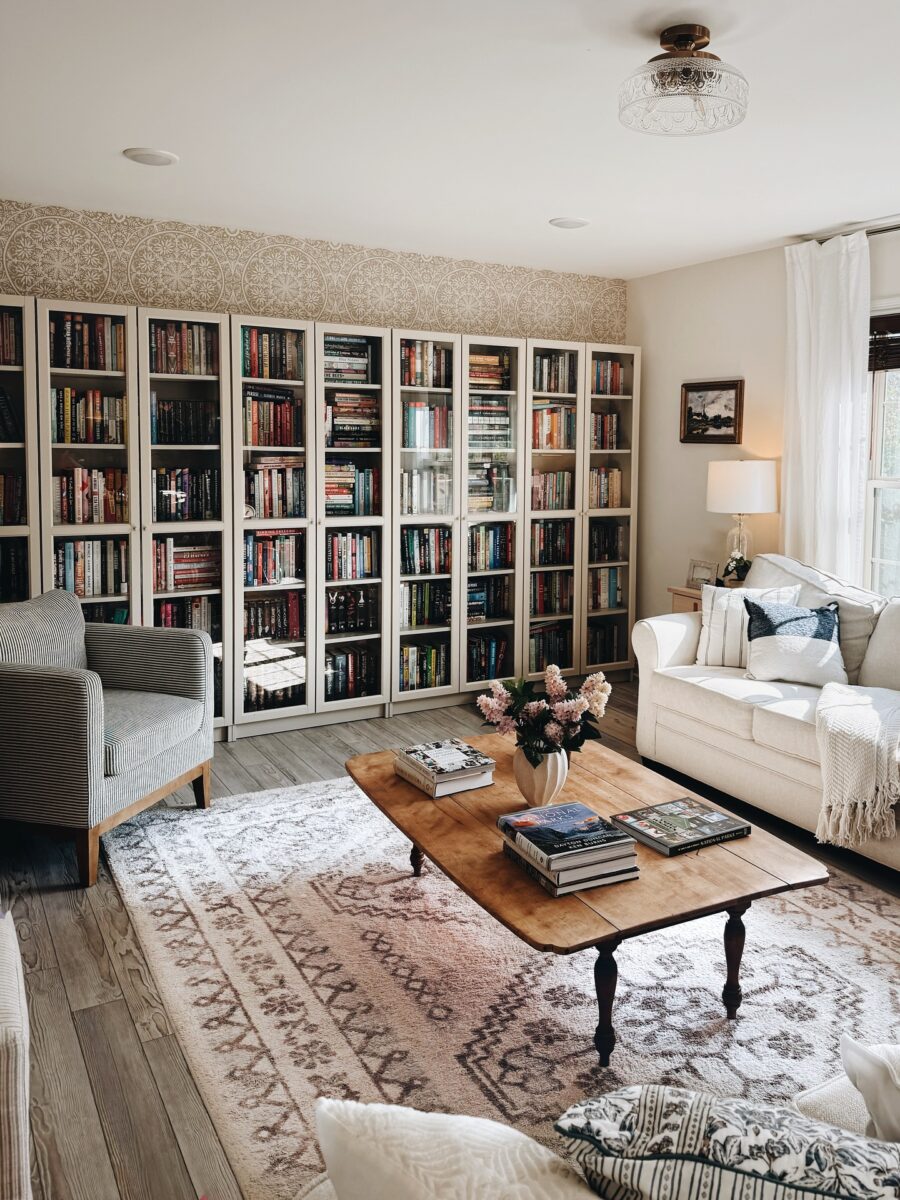 Inviting shelf decor with books and floral accents