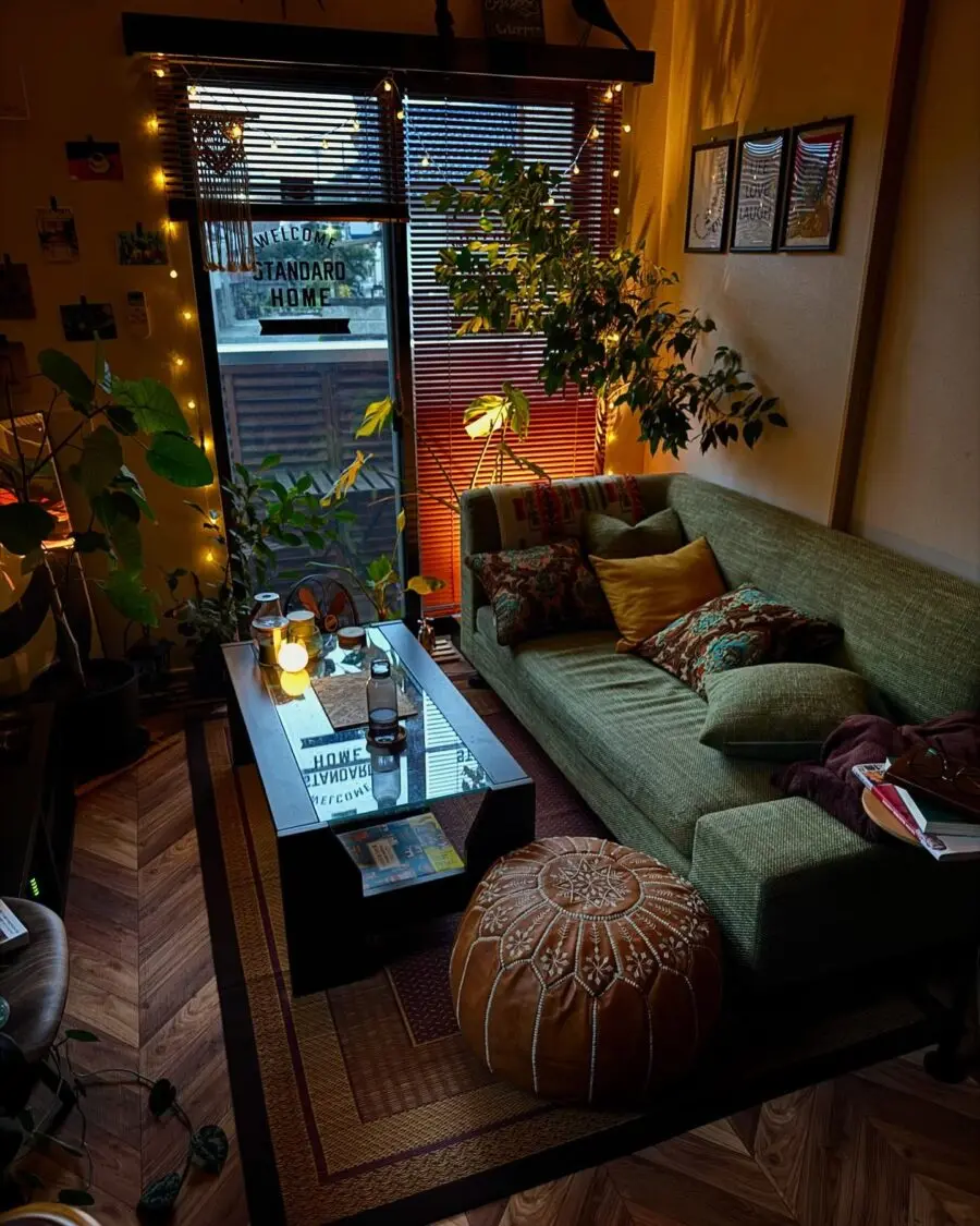 Charming Green Sofa and Ambient Lighting