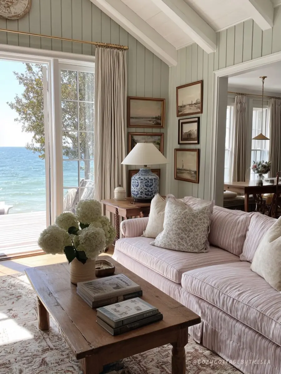 Charming coastal living room with serene ocean view