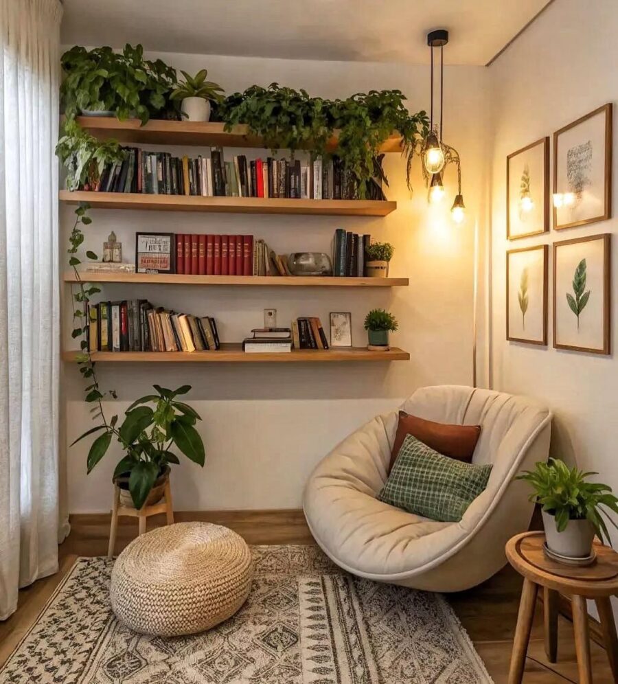 Charming reading nook with stylish shelf decor