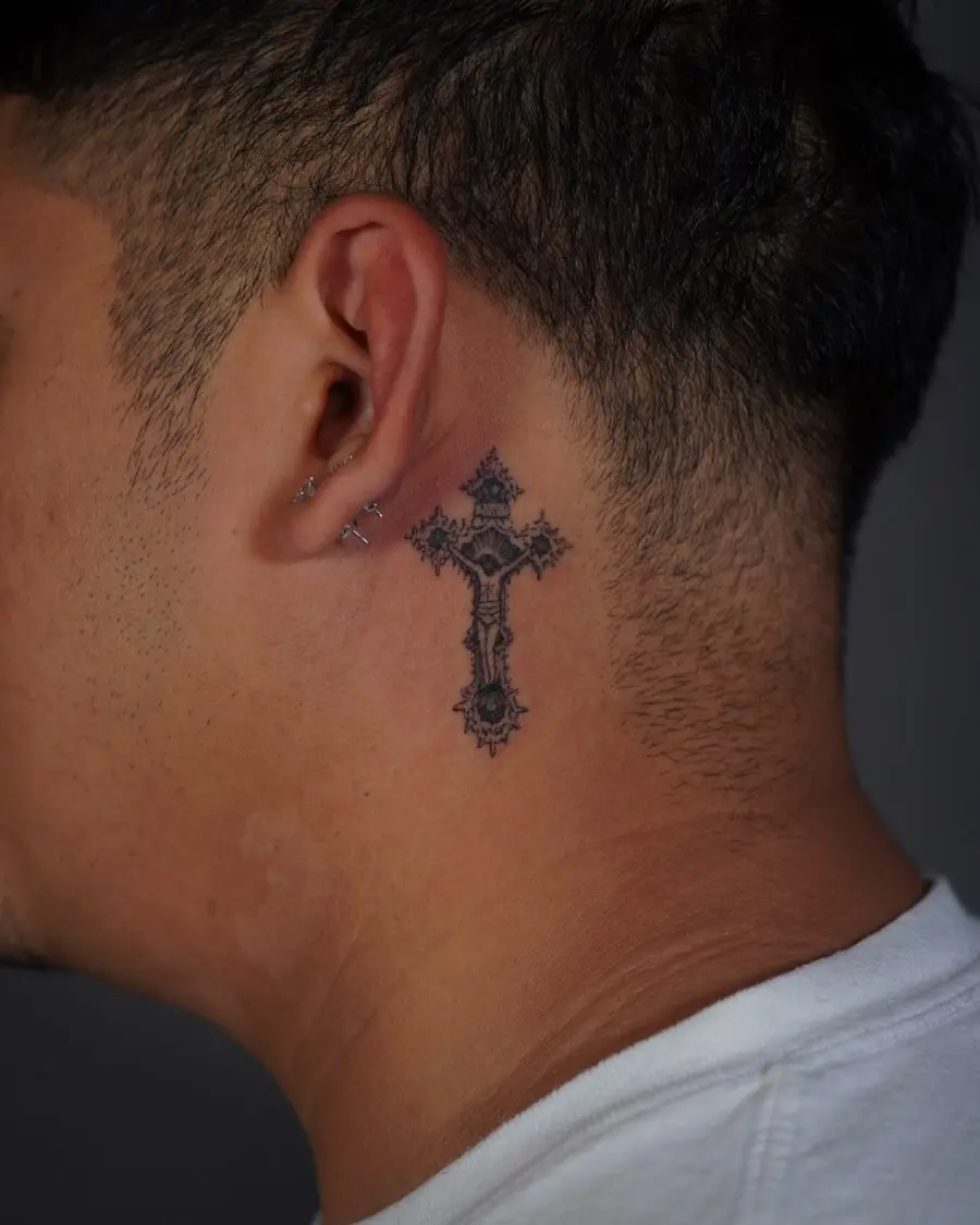 Intricate Cross Tattoo on the Neck