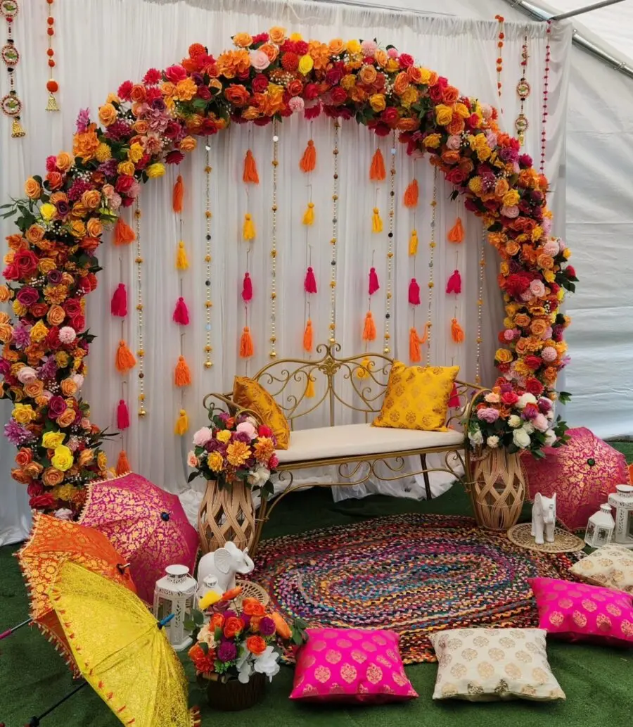 Vibrant floral archway for wedding celebrations