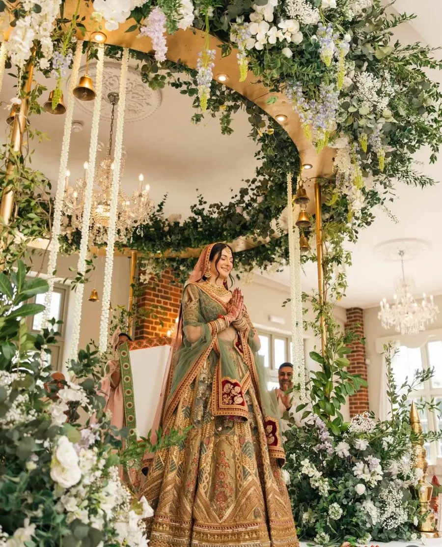 Elegant floral arch accentuating traditional attire