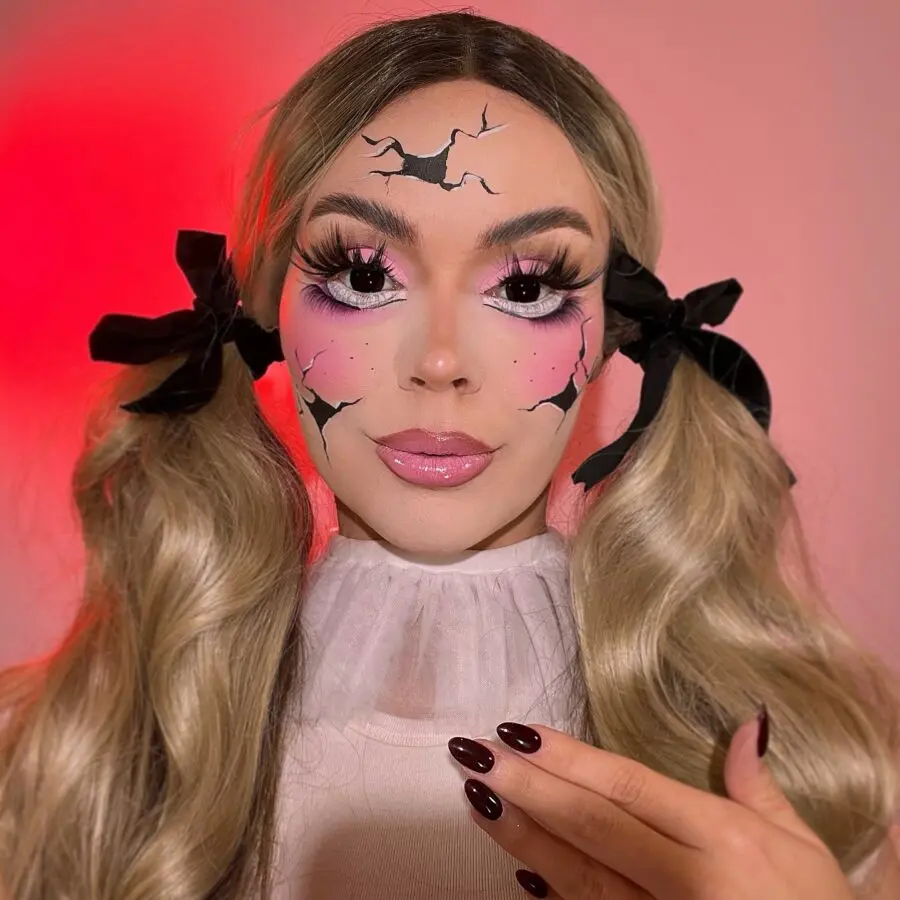 Unique doll makeup with cracked-face design