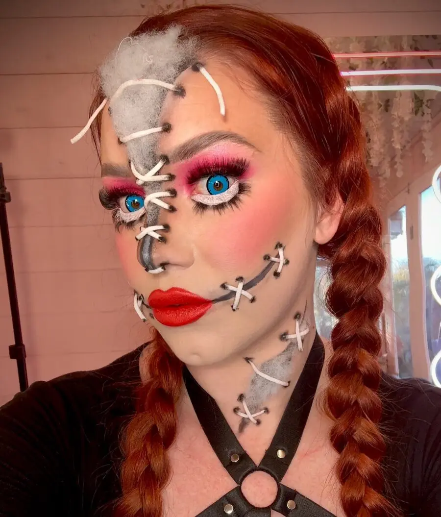 Vibrant doll makeup with a spooky twist