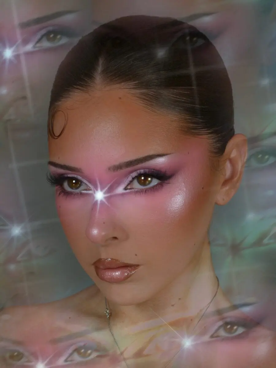 Glamorous doll makeup with shimmering accents