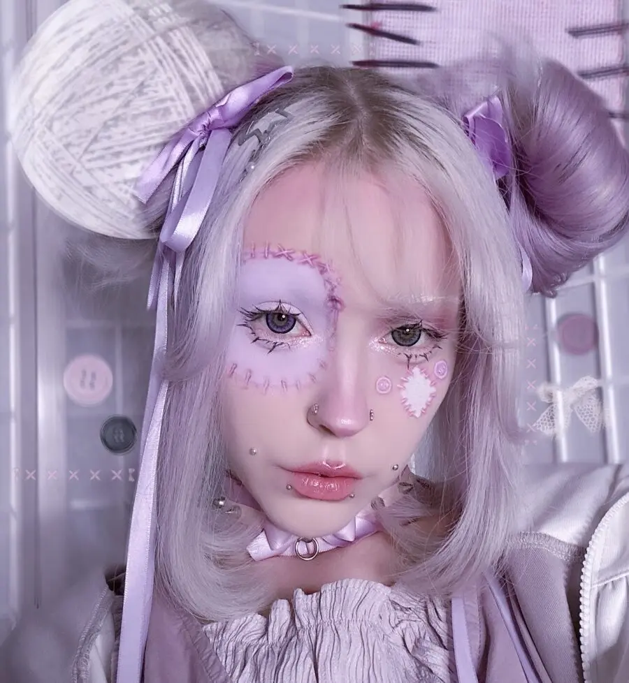Whimsical lavender doll makeup style