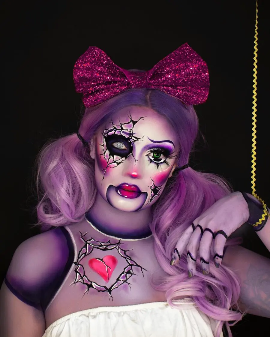 Whimsical doll makeup with striking details