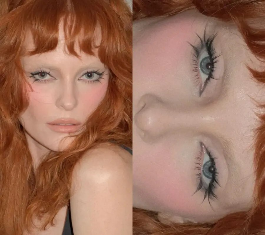 Whimsical doll makeup with vibrant red accents
