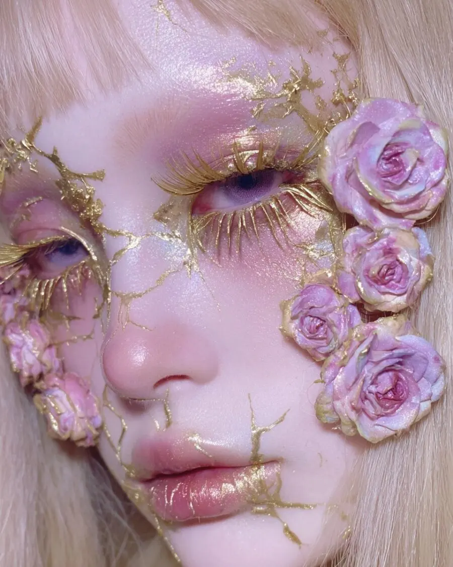 Whimsical Doll Makeup with Gold Details