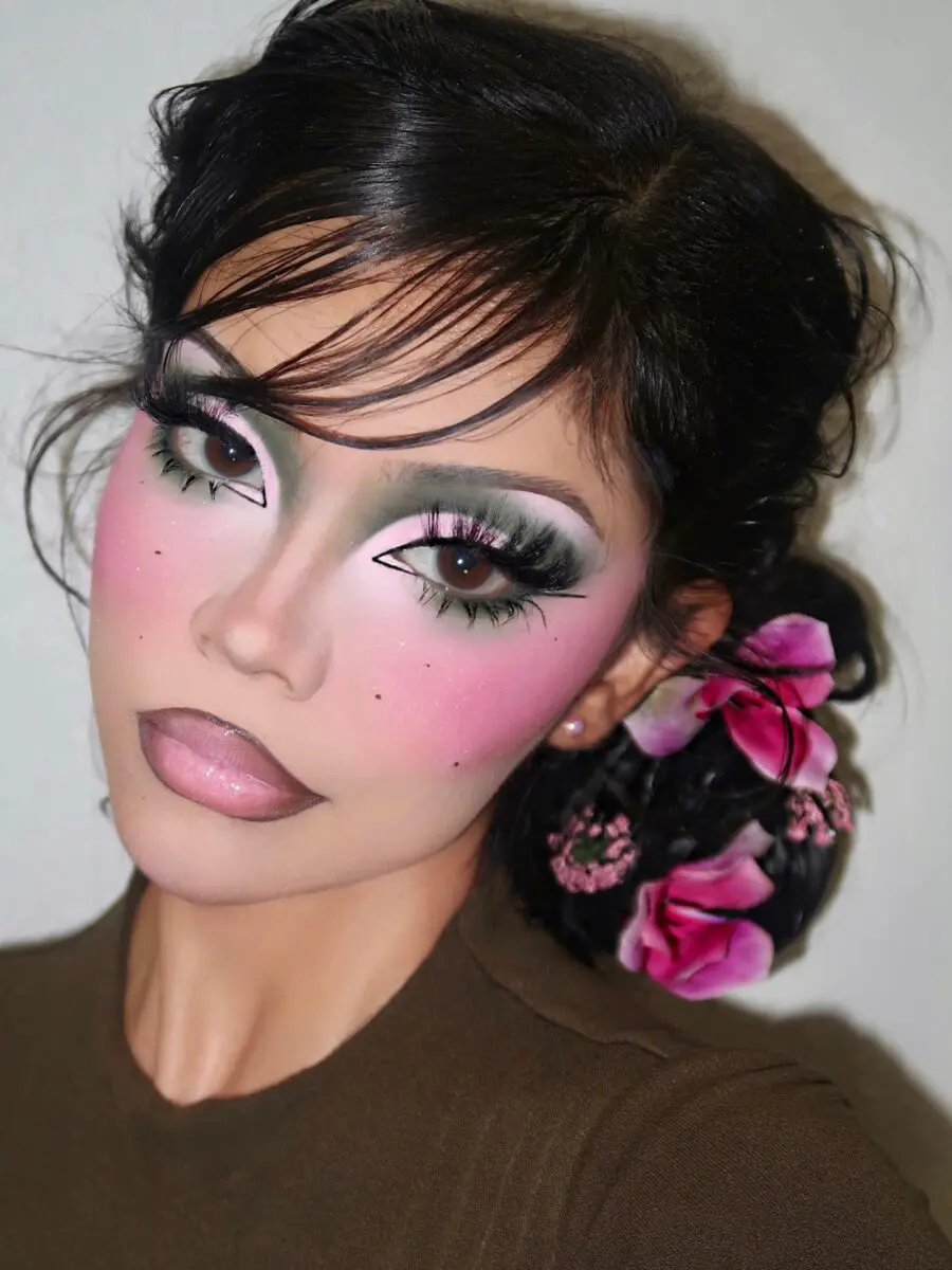 Playful doll makeup with floral accents