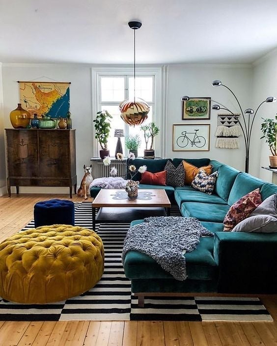 Vibrant living room with eclectic charm