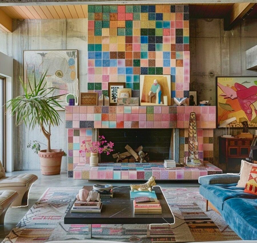 Colorful mosaic fireplace adds vibrant charm.