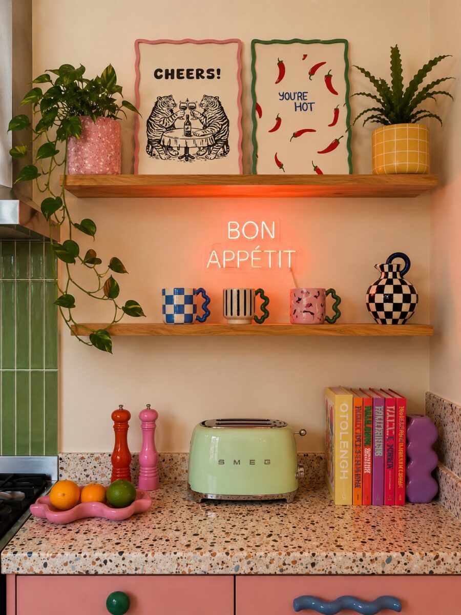 Charming eclectic kitchen shelf display