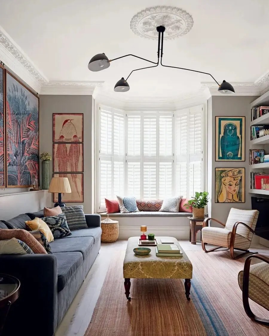 Vibrant eclectic living room with unique accents