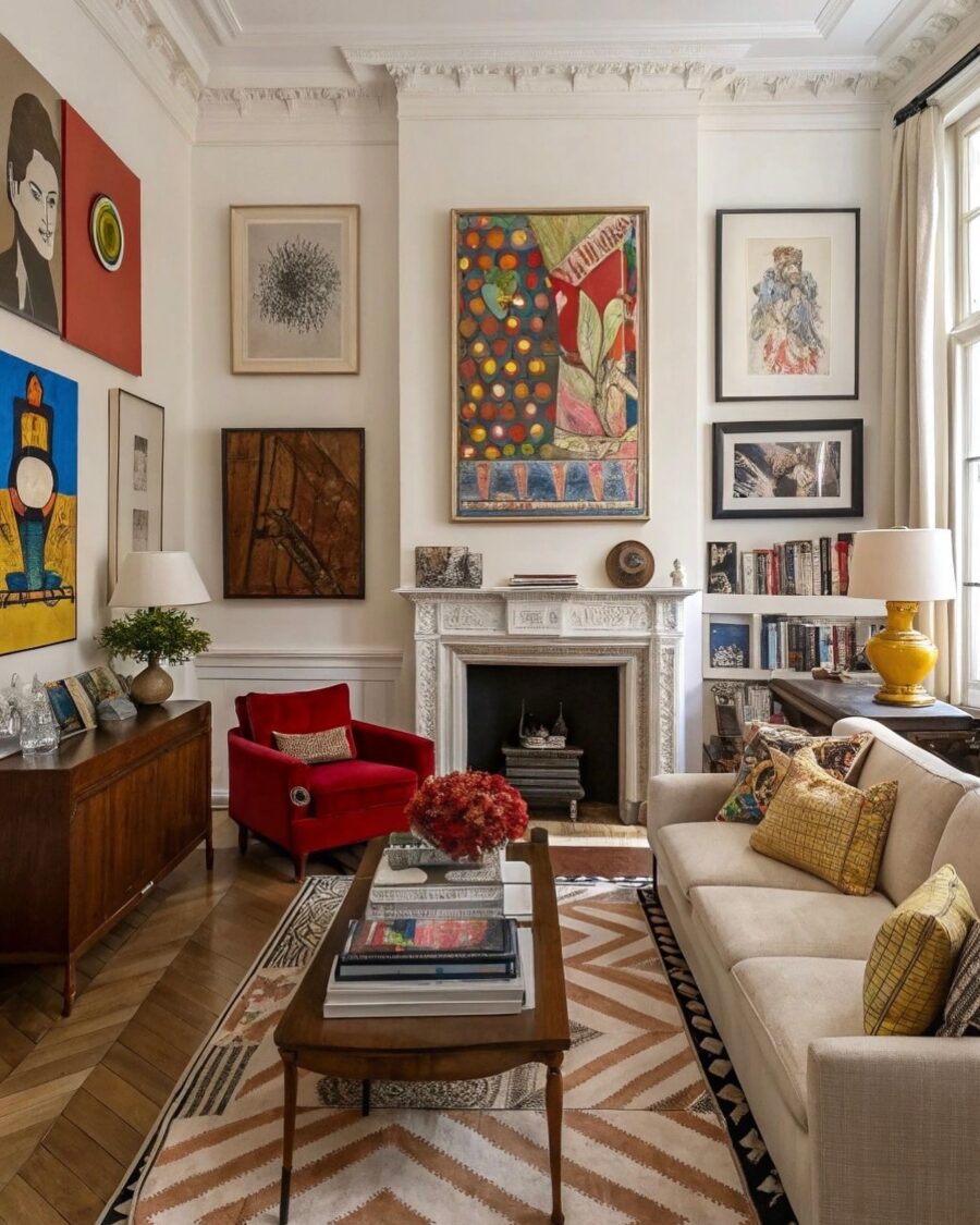 Vibrant eclectic living room with artistic flair
