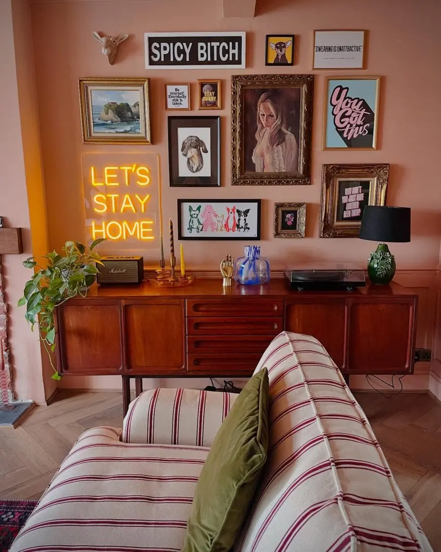 Stylish eclectic gallery wall enhances living space