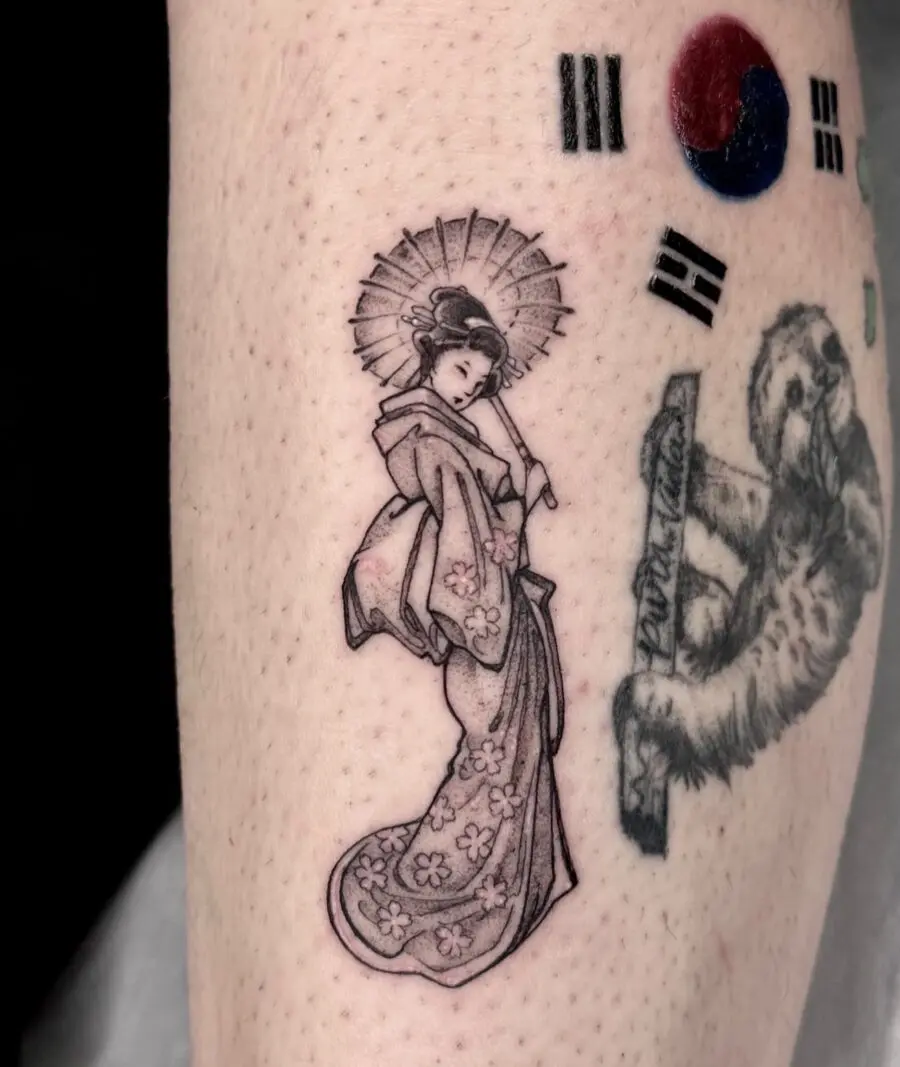 Beautiful geisha with floral kimono tattoo
