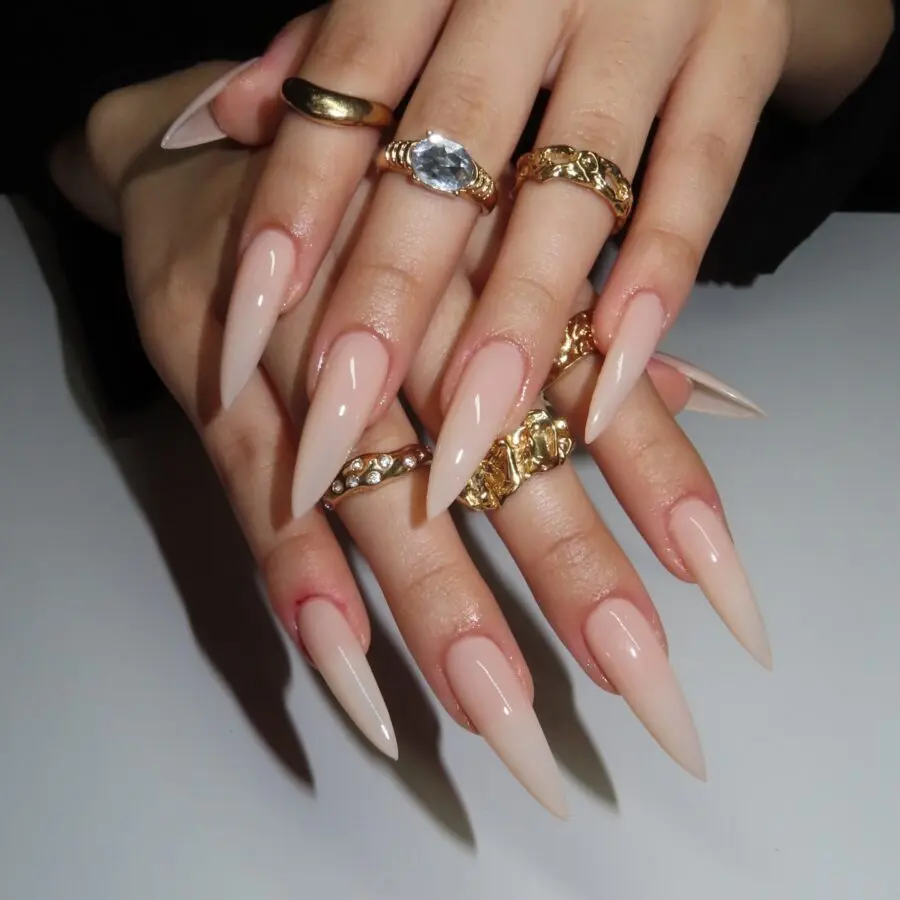 Chic nude stiletto nails with golden accents