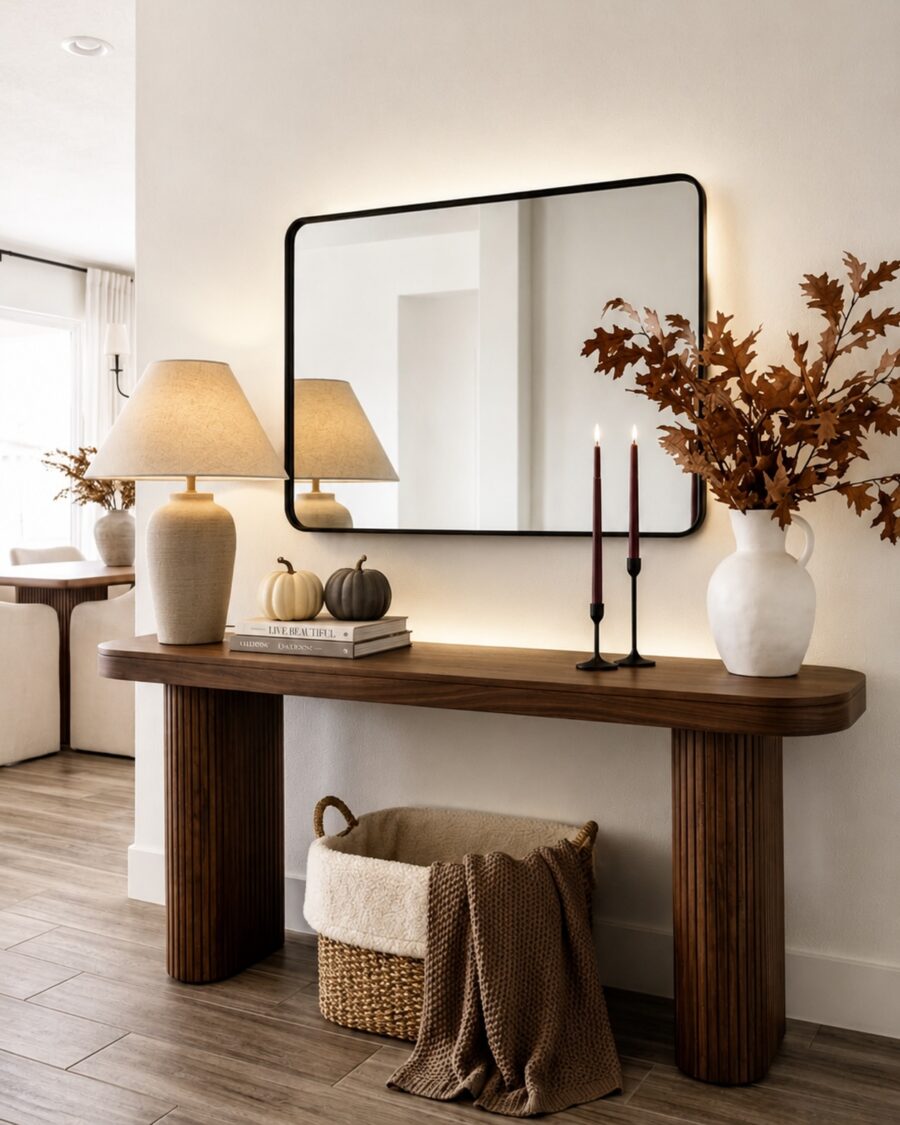 Elegant entryway table with warm autumn accents