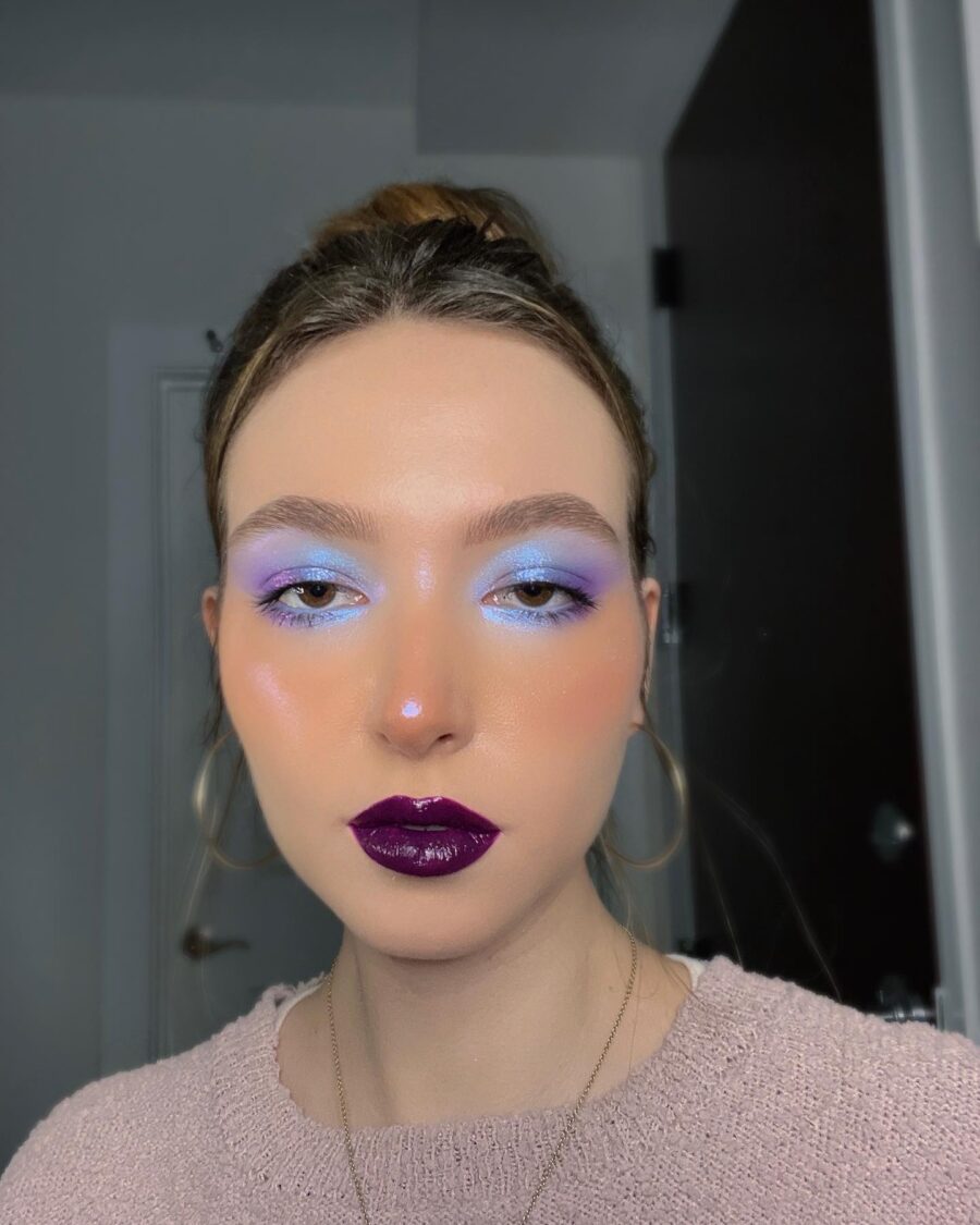 Vibrant lavender hues meet glossy lips.