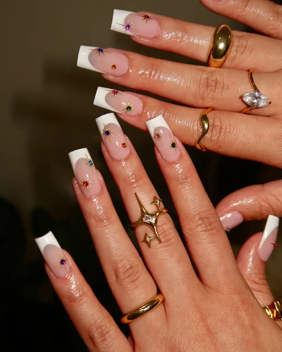 Chic French Tip Nails with Dazzling Stars