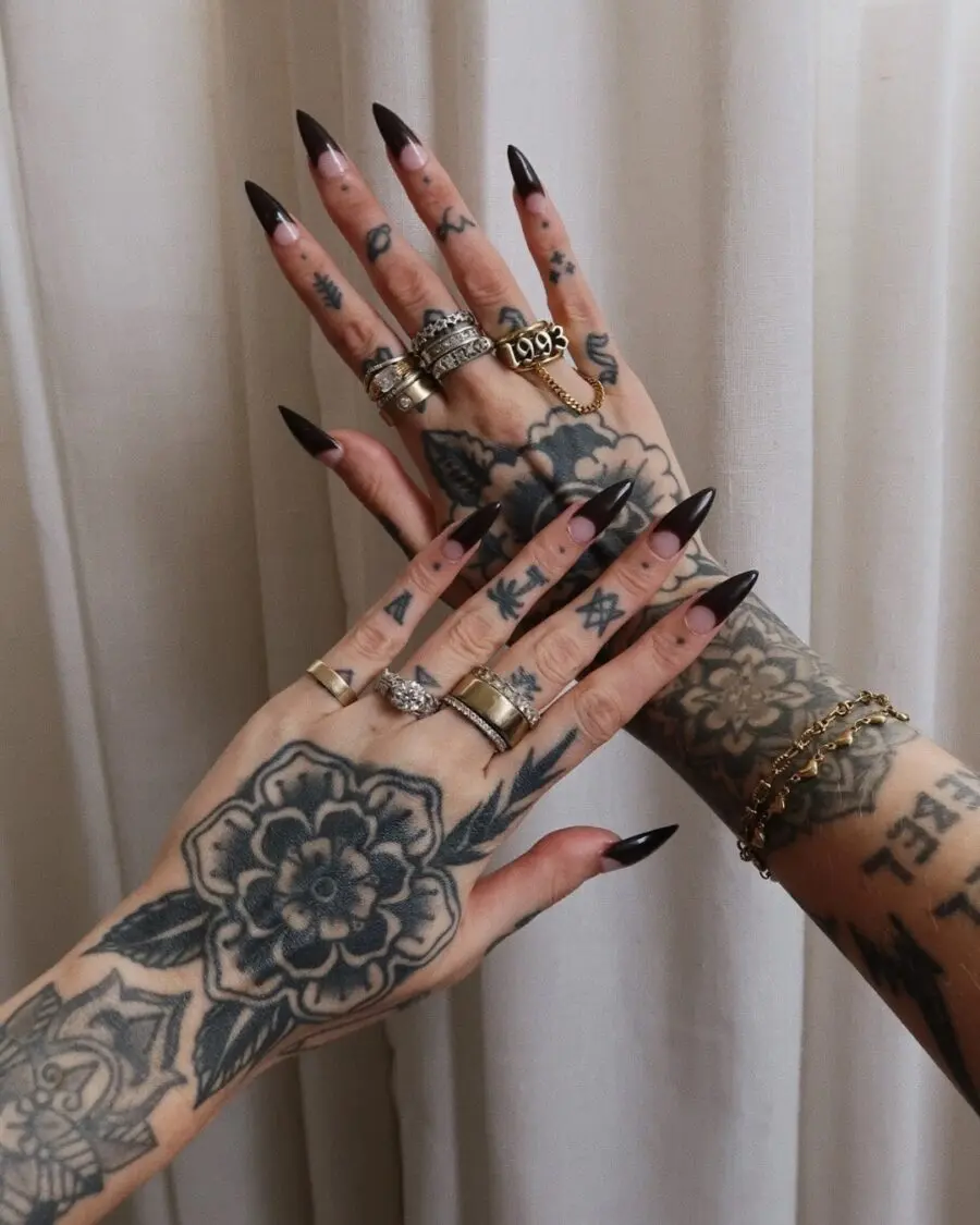 Edgy French Tip Acrylics with Intricate Tattoos