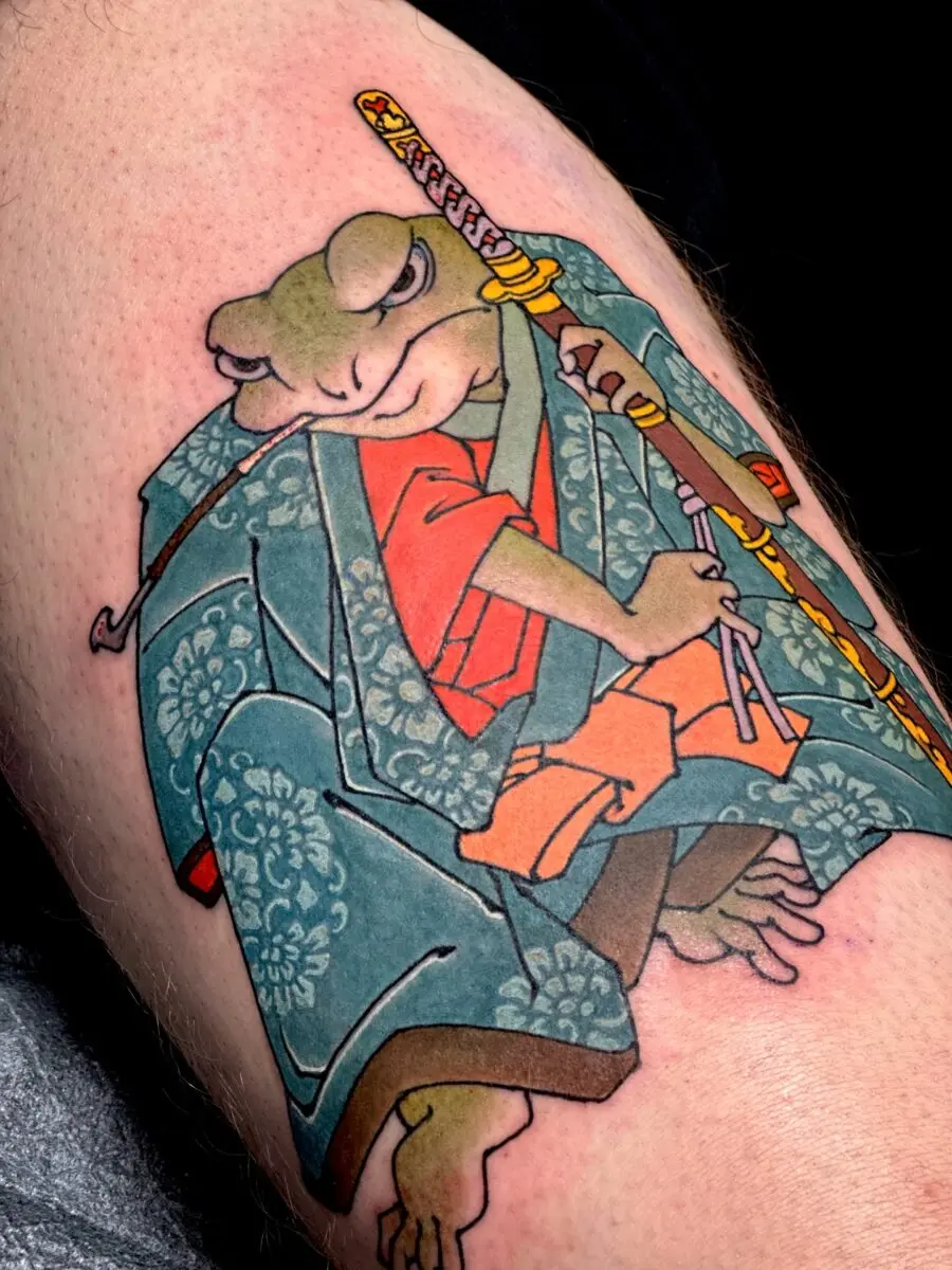 Vibrant Samurai Frog Tattoo in Traditional Style