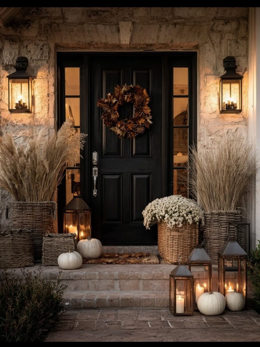 Charming autumn entrance with warm lighting and decor