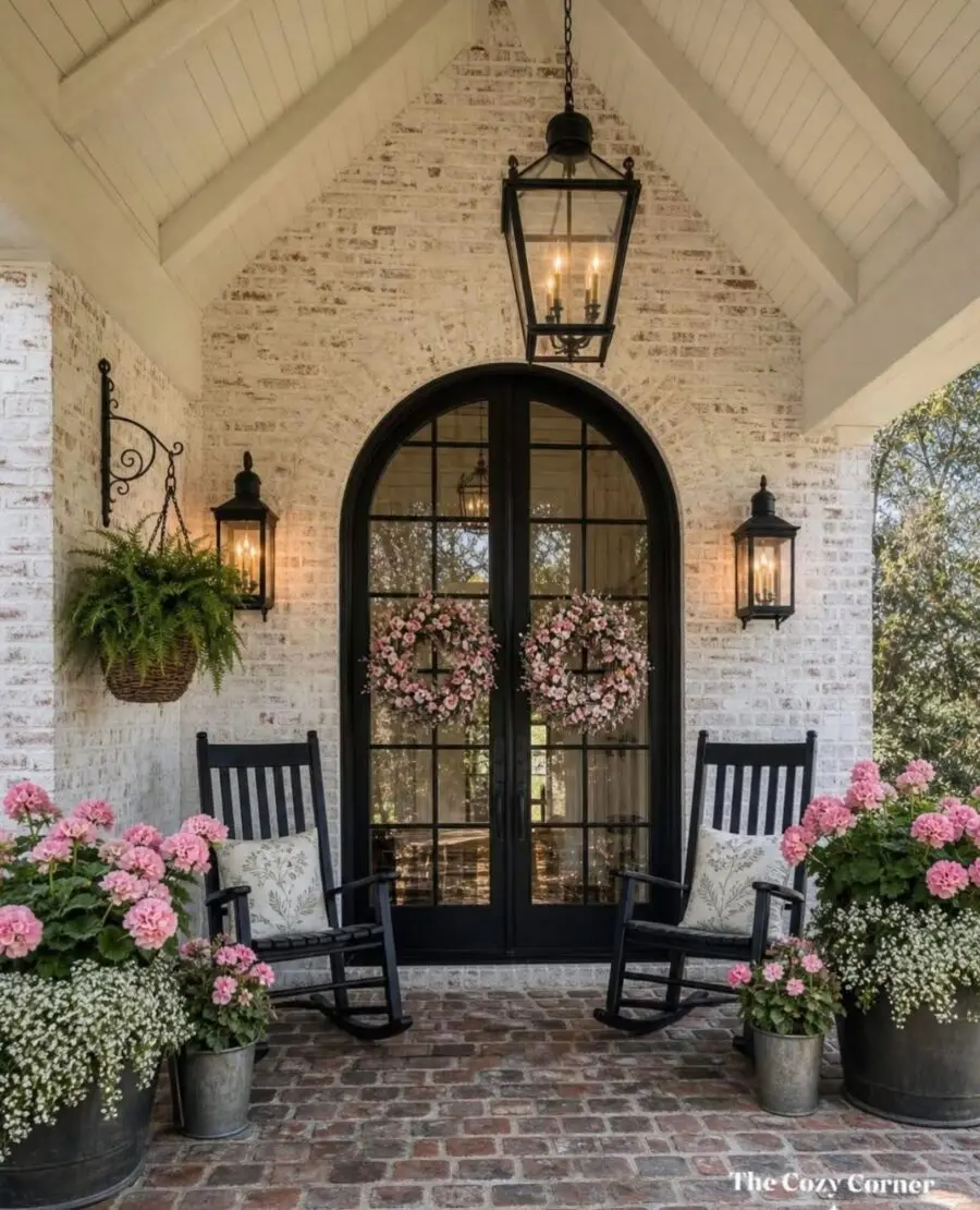 Charming porch with floral accents and rocking chairs