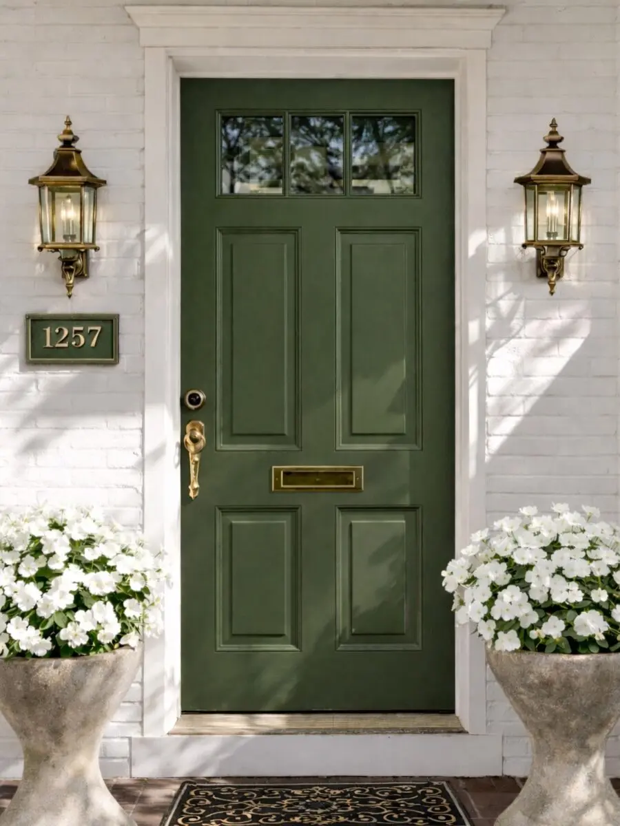 Charming Green Door with Classic Flower Pots