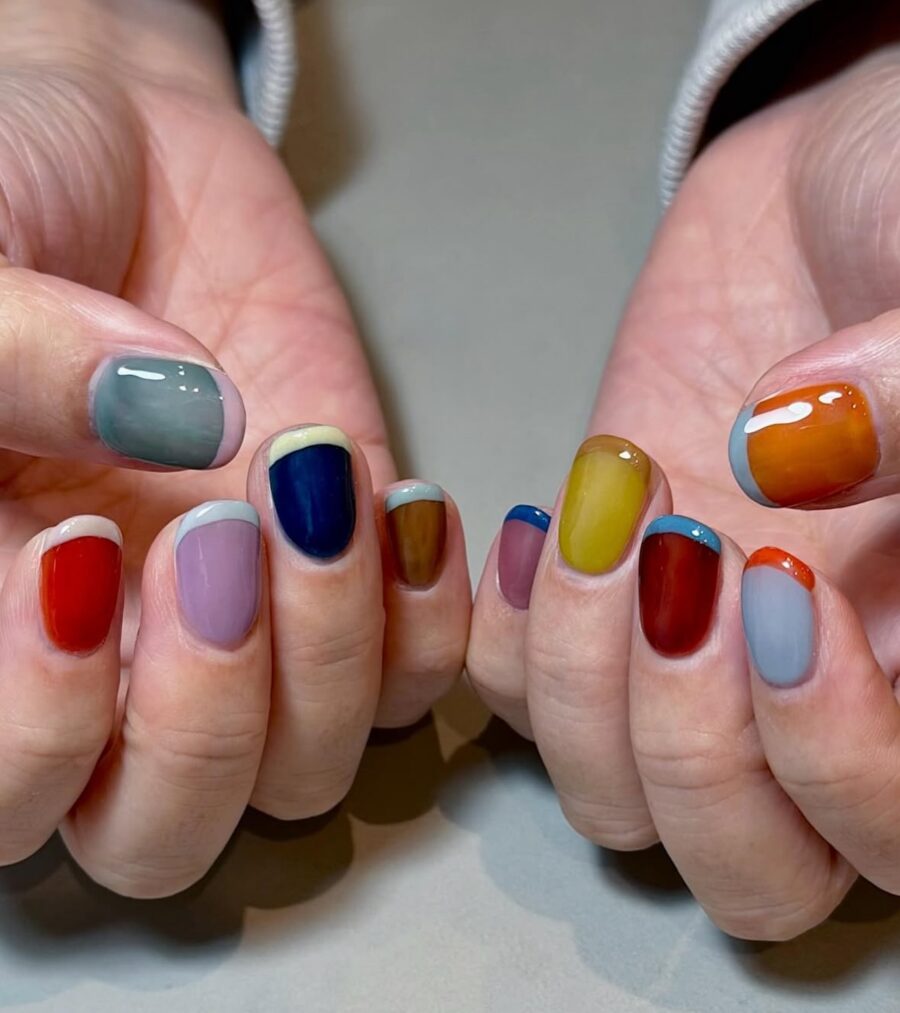 Bold and colorful Hailey Bieber nail art