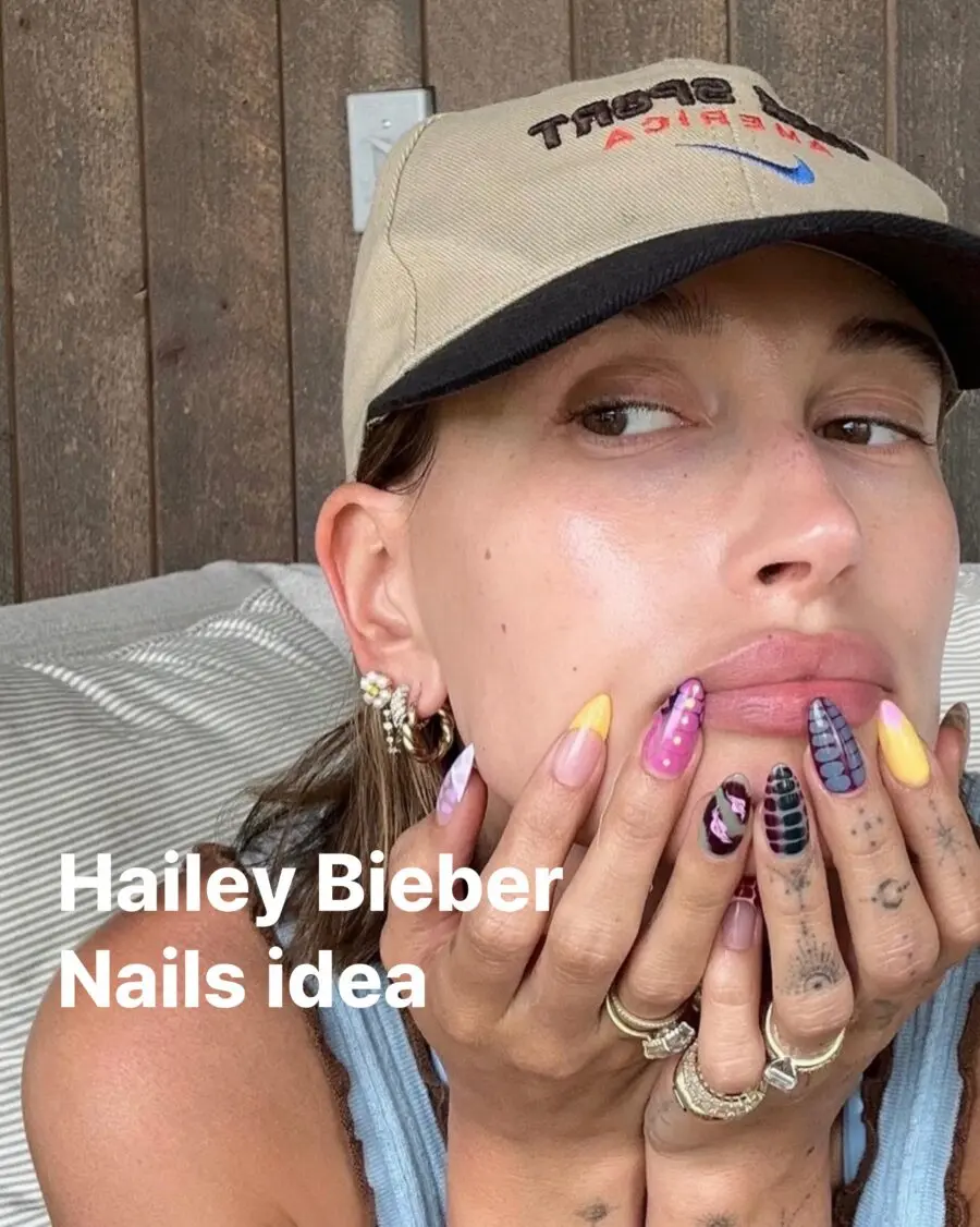 Colorful Hailey Bieber nails with chic designs