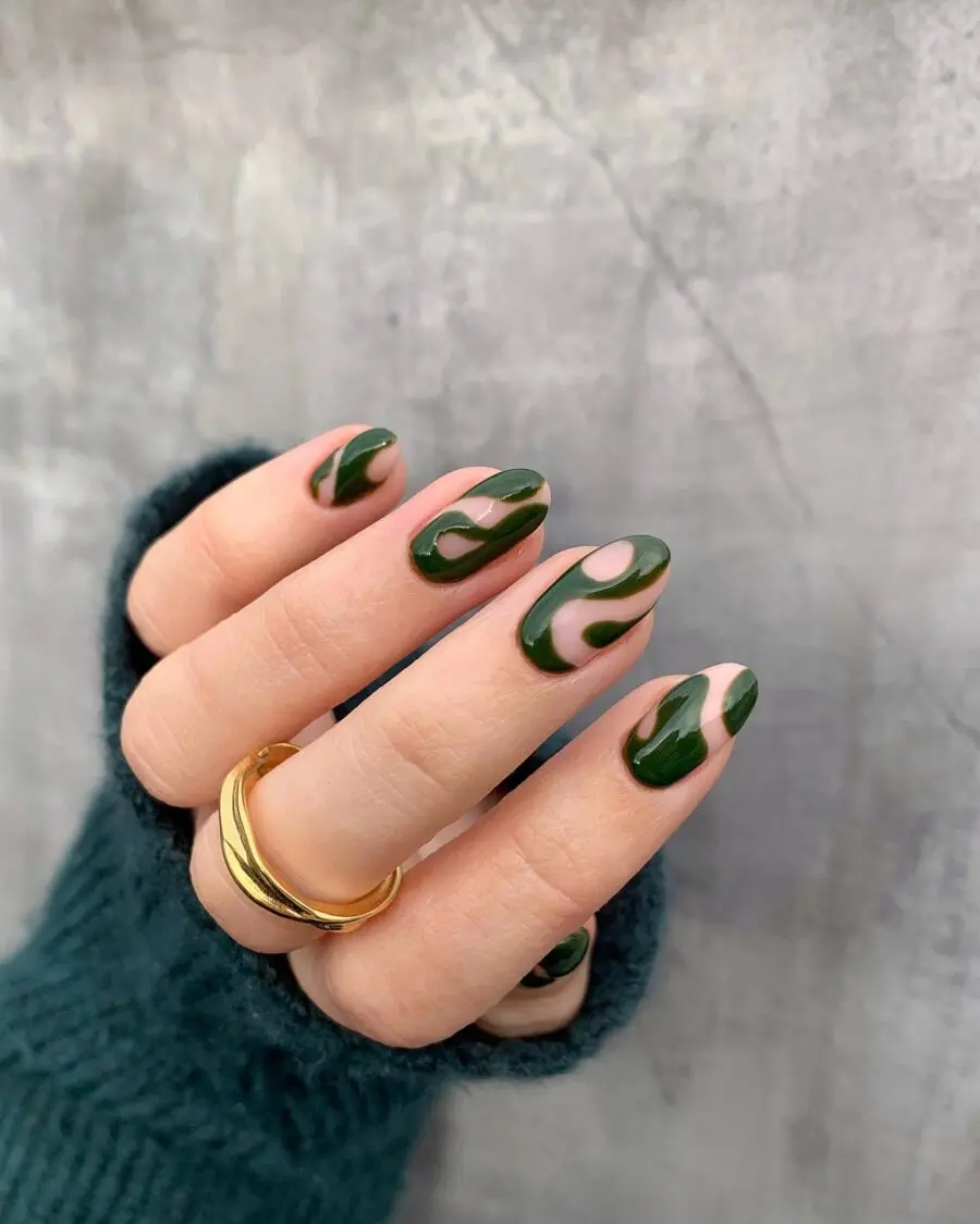 Trendy green wave design on stylish nails
