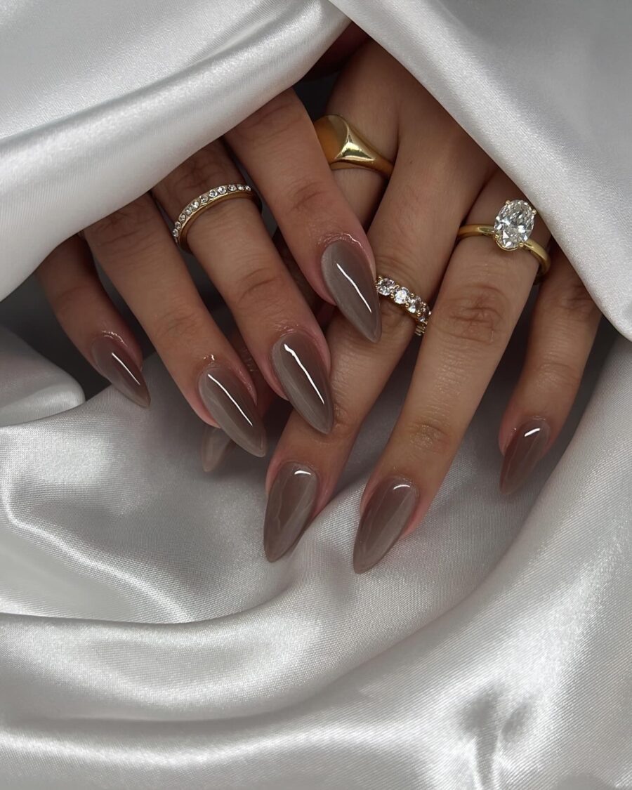 Chic shiny stiletto nails in neutral grey